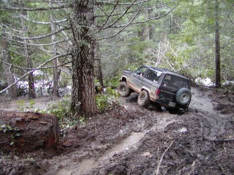1987 Ford Bronco II - This 1987 Ford Bronco II tackles a challenging muddy path through a dense forest.