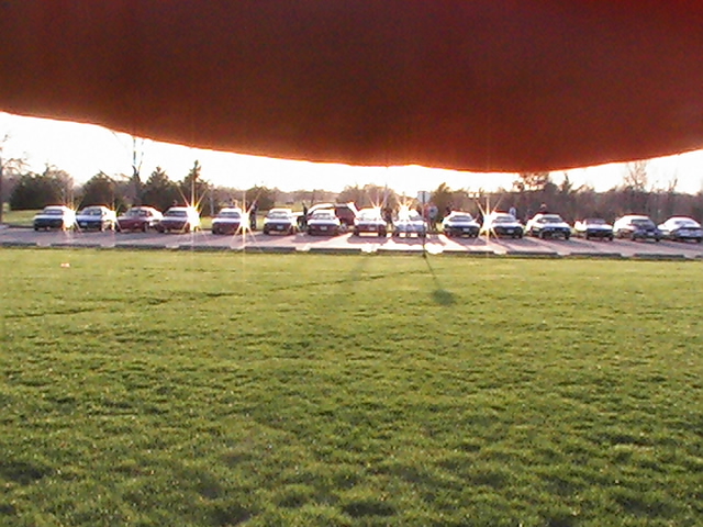 Backlit row of cars parked nose-out at a car meet across a green lawn at sunset