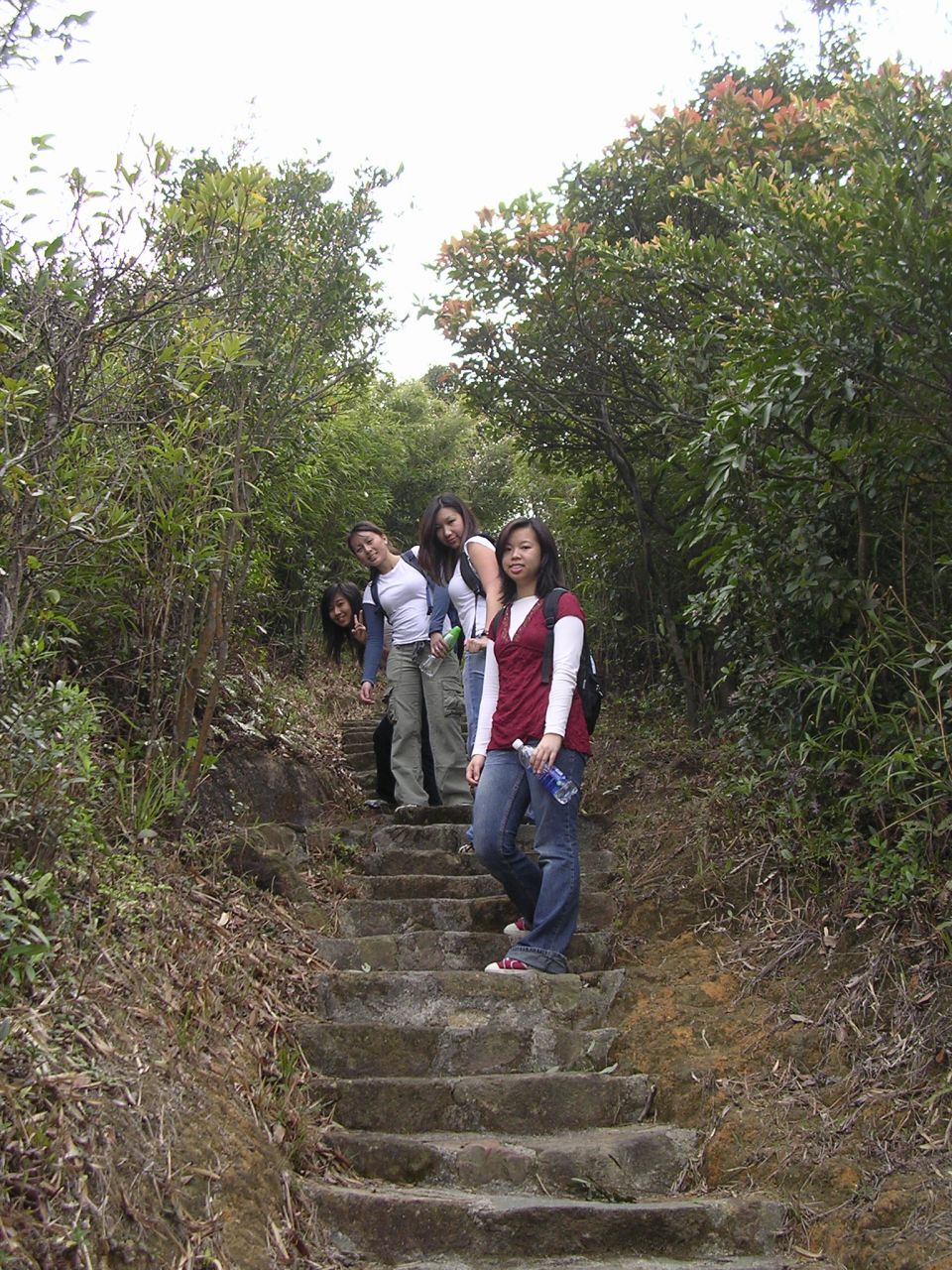 Four young women ascend stone steps on a wooded trail