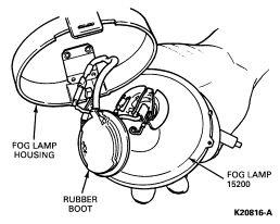 1982 Ford LTD Crown Victoria - Service illustration showing the fog lamp housing, rubber boot and fog lamp assembly.