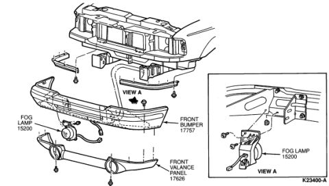 1982 Ford LTD Crown Victoria - Exploded parts diagram of the front bumper, front valance panel and fog lamp assembly with part-number callouts.