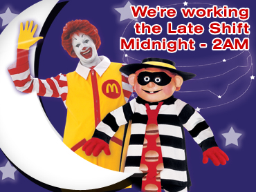 1998 Ford Crown Victoria - Ronald McDonald and the Hamburglar mascots are depicted in a promotional image with text about working the late shift.