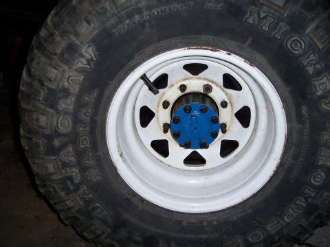 1983 Ford Bronco - Close-up of a Mickey Thompson Baja Radial tire on a white steel wheel with a blue hub.