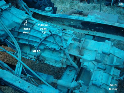 1994 Ford Bronco - Close-up of a vehicle's transmission and transfer case assembly, showing labeled vents and MLPS.