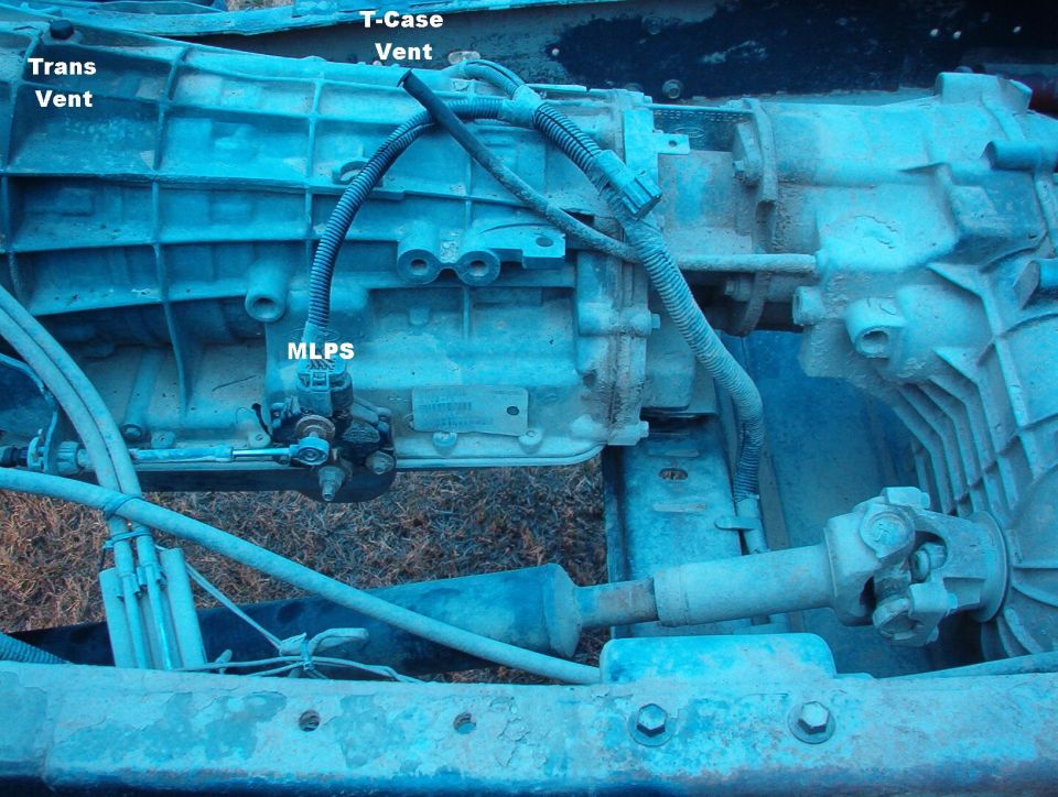 Auto transmission and transfer case underside with labels for vents and MLPS, blue-tinted photo