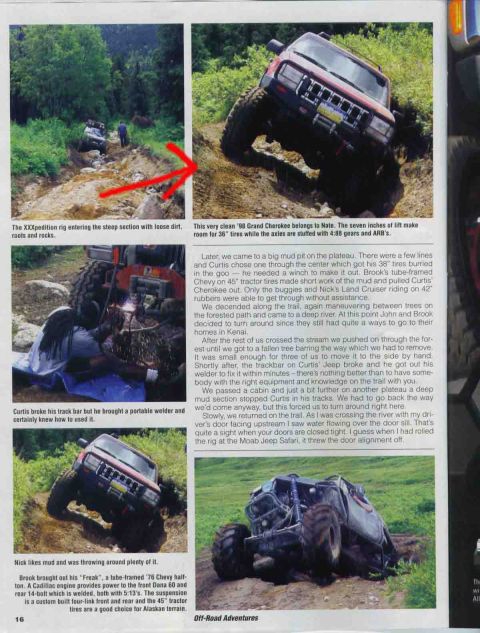 1977 Ford F-250 - Several off-road vehicles are shown navigating a challenging, muddy, and wooded trail, with one vehicle stuck in the mud.