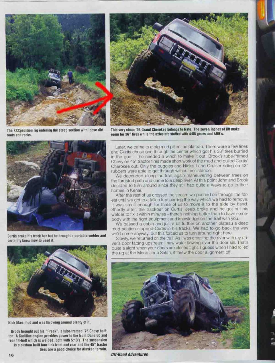 multiple off-road vehicles navigating a muddy, wooded trail, one vehicle is partially submerged