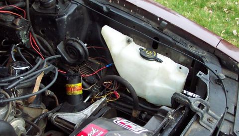 1985 Ford LTD Crown Victoria - Close-up of engine bay components including the coolant reservoir and horn.