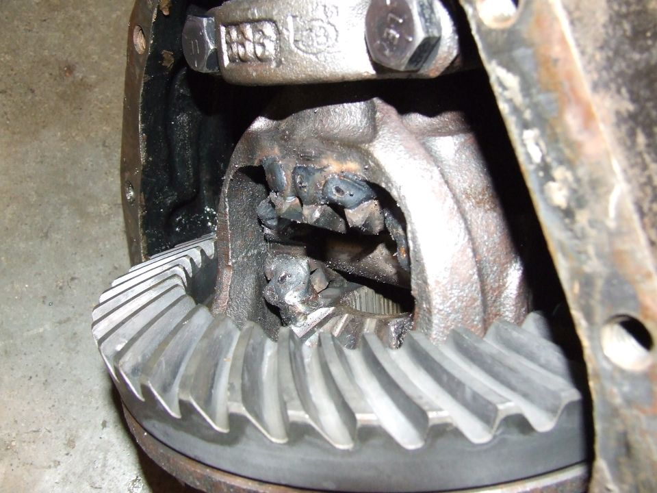 close-up of differential gears with visible damage