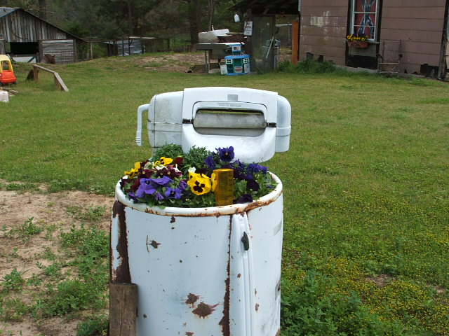 Old washing machine repurposed as a planter with flowers, sitting in a grassy yard with a shed in the background