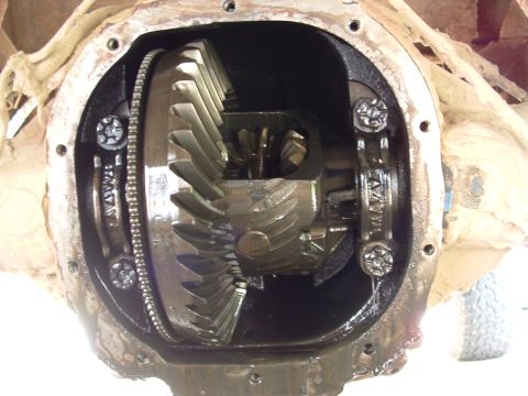 1993 Ford Bronco - Close-up view of internal differential gears and components within a vehicle's axle housing.