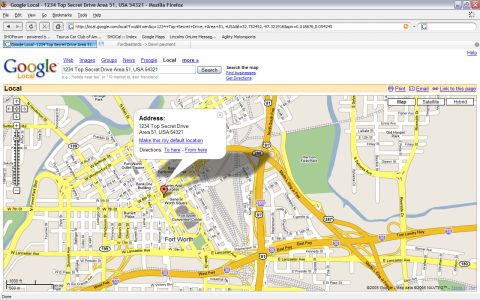1993 Ford Taurus - Screenshot of Google Maps displaying Fort Worth, Texas, with a highlighted location at 1234 Top Secret Drive.