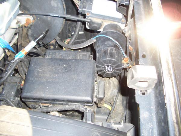 Engine compartment with a black Ford fuse box and various wires and hoses. A bright light source is visible on the right