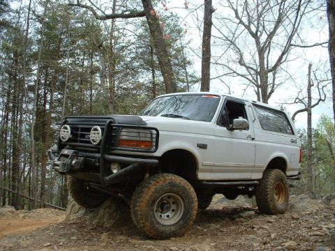 1987 Ford F-150 - A white Ford Bronco navigates a rocky, wooded trail with its front end angled towards the viewer.