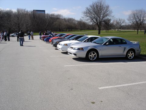 1998 Ford Taurus - A line of Ford Mustangs, including a silver coupe, are parked in a lot on a sunny day.