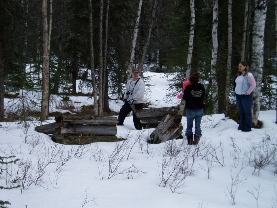 Three people stand in a snowy forest near some logs