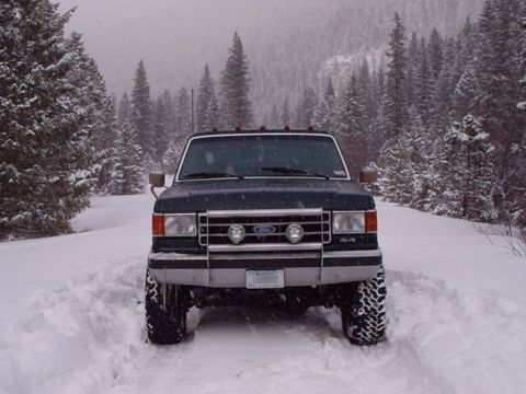 1990 Ford Bronco - A dark-colored Ford F-Series truck is parked on a snow-covered road surrounded by pine trees.