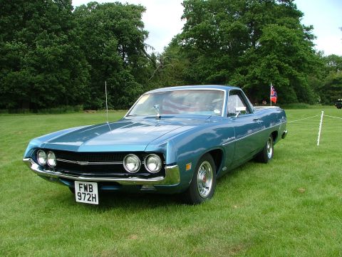 1970 Ford Ranchero - A blue 1970 Ford Ranchero is displayed on a grassy field with trees in the background.