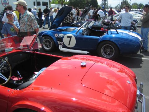 1968 Ford Mustang - A blue Shelby Cobra with racing number 7 is parked next to a red car at an outdoor car show.