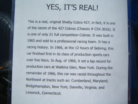 1968 Ford Mustang - Printed display placard describing the racing history of an original Shelby Cobra 427 (chassis CSX-3016).