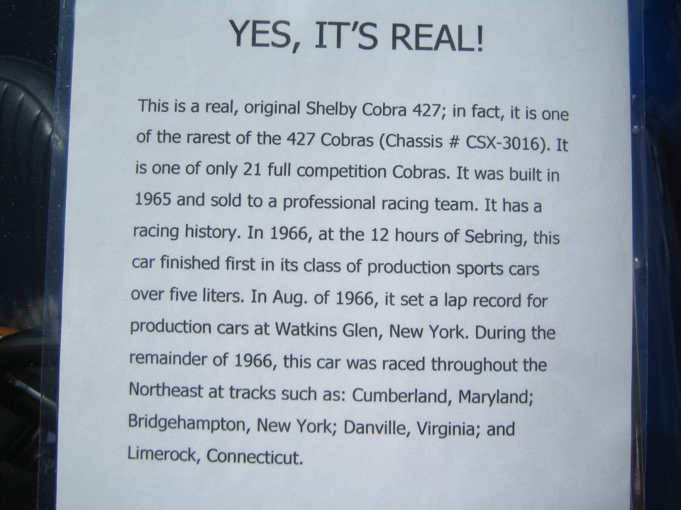 Printed display placard describing an original 1965 Shelby Cobra 427 CSX-3016 racing history