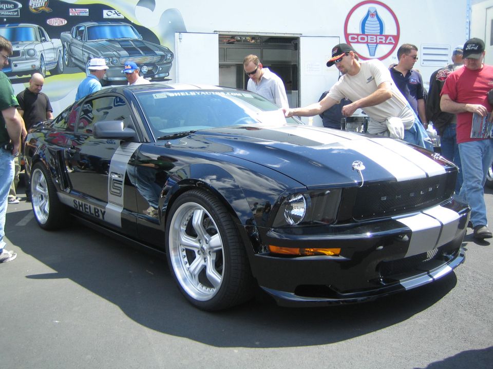 Black Shelby Mustang with silver stripes and 'Shelby' badging on the side