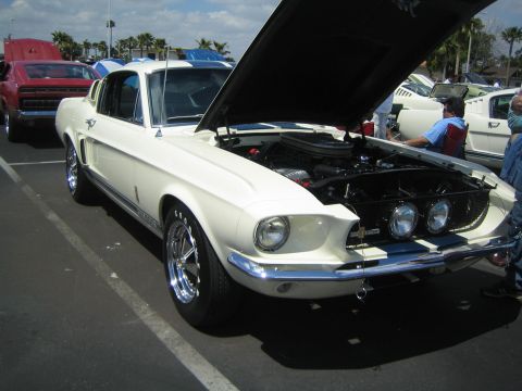 1968 Ford Mustang - A white 1967 Ford Mustang coupe is displayed with its hood open at an outdoor car show.