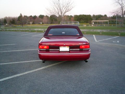 1995 Ford Crown Victoria - The rear of a red convertible is shown parked in an empty lot with trees in the background.