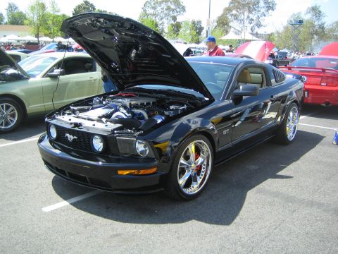 1968 Ford Mustang - A black 2005 Ford Mustang GT is displayed with its hood open, revealing the engine and chrome wheels.