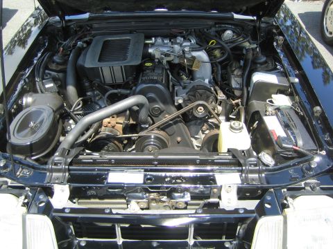 1968 Ford Mustang - The engine bay of a black 1987 Ford Mustang GT reveals its 5.0L V8 engine and associated components.