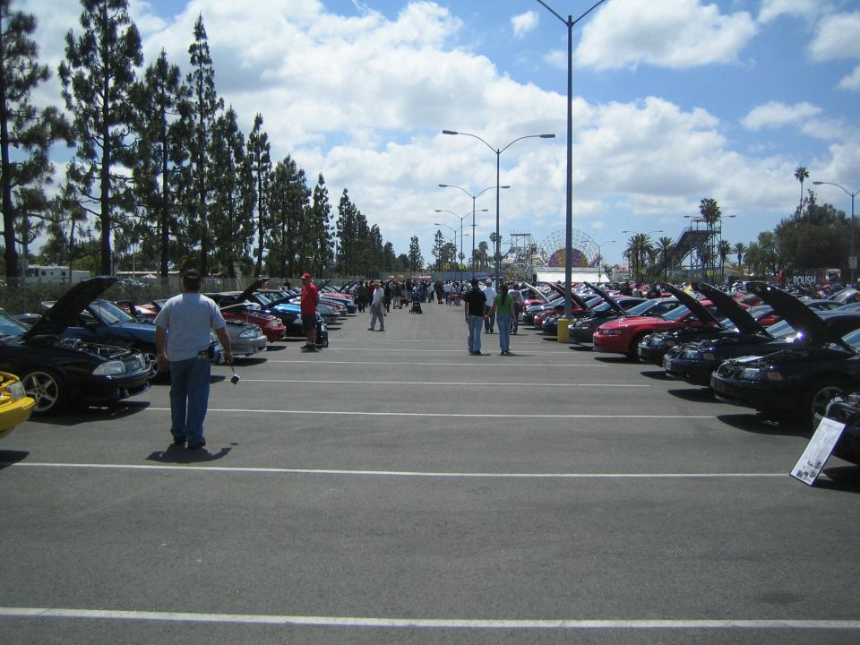 Rows of cars parked with hoods open at an outdoor car show