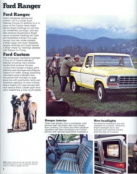 1978 Ford Bronco - A yellow and white Ford Ranger pickup truck is parked in a grassy field with mountains in the background.