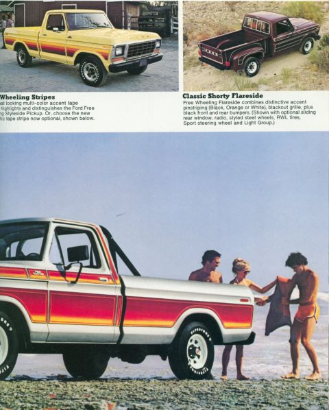 1978 Ford Bronco - A 1978 Ford F-150 Styleside pickup truck is shown with colorful side stripes and people on a beach.