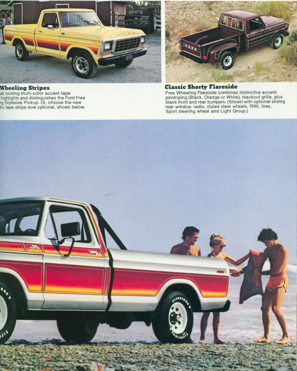 1978 Ford F-150 Styleside pickup with red and yellow stripes on the side, parked on a beach with people