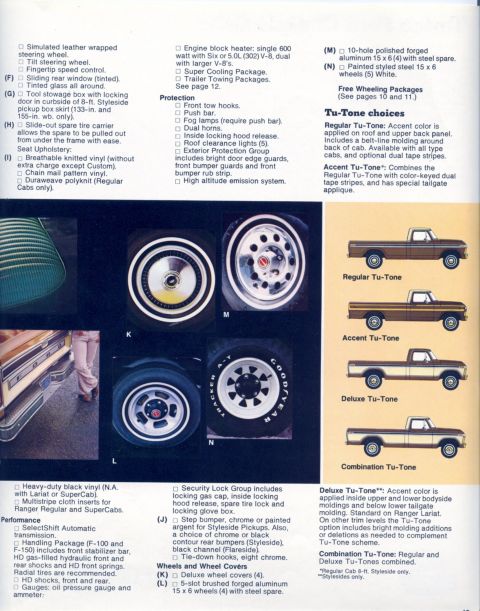 1978 Ford Bronco - Sales brochure page detailing pickup truck options, wheel and wheel-cover choices and Tu-Tone two-tone paint schemes.