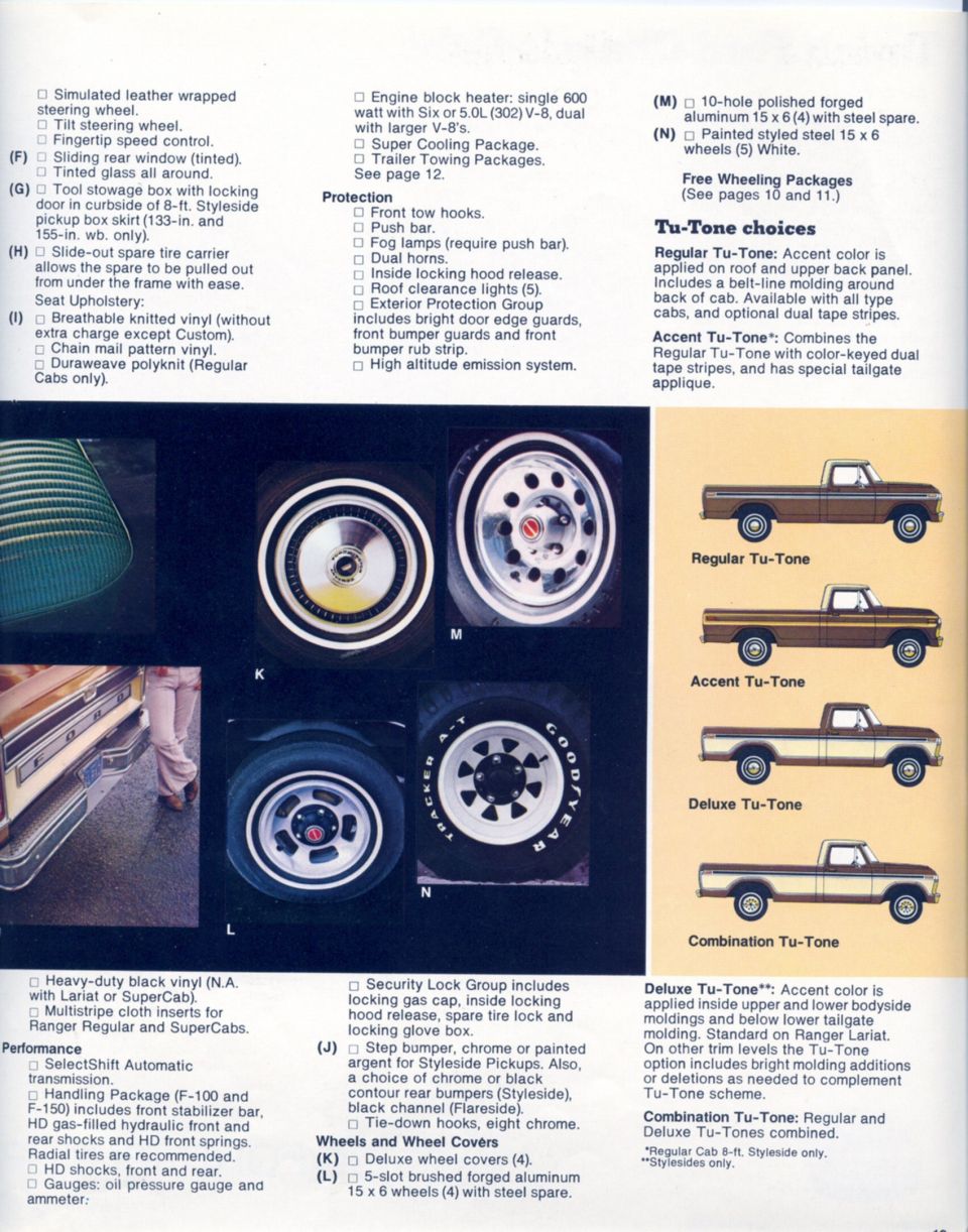 Truck sales brochure page listing options, wheels and Tu-Tone paint choices