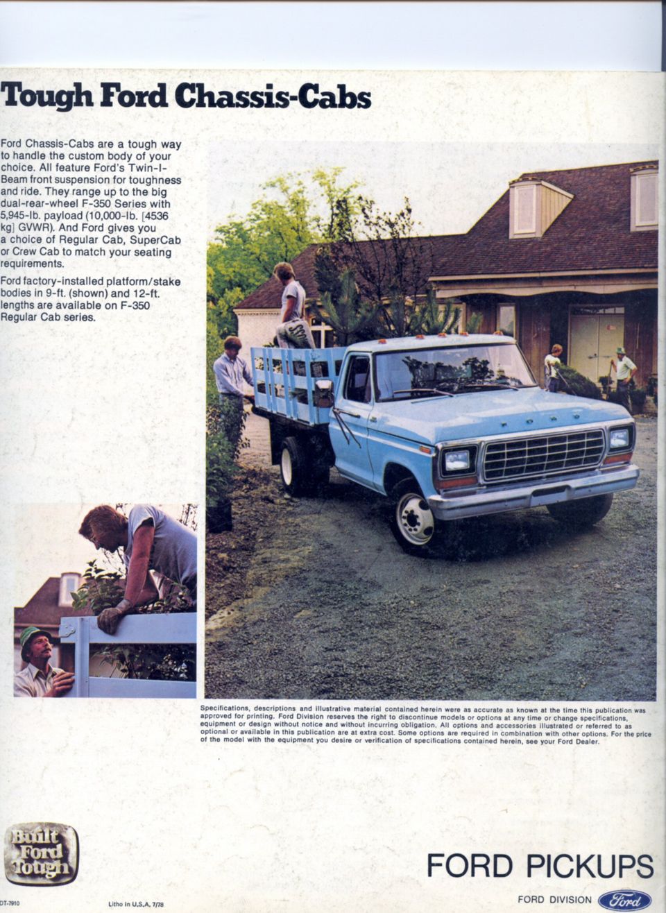 Light blue 1979 Ford F-350 Chassis-Cab truck with a wooden flatbed, parked on a gravel driveway