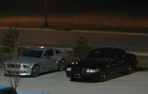 2000 Ford Crown Victoria - Two cars, a silver Mustang and a black Crown Victoria, are parked in a lot at night.