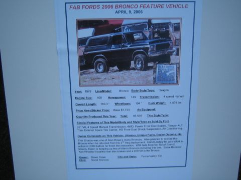 1968 Ford Mustang - Car-show feature-vehicle spec sheet for a 1979 Ford Bronco listing engine, dimensions, and owner notes.