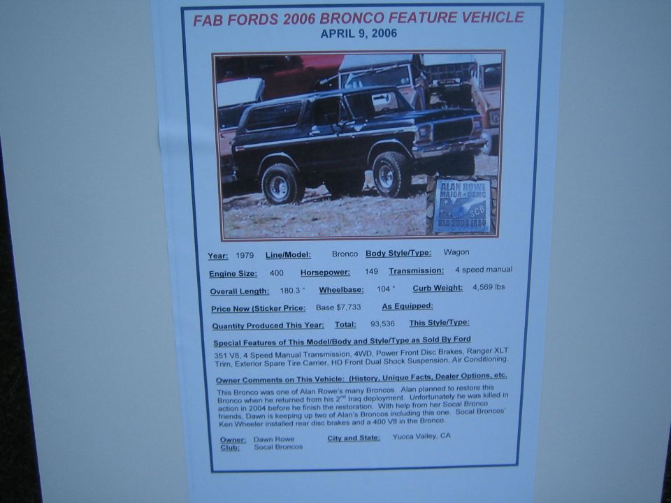 Fab Fords 2006 feature-vehicle spec sheet for a 1979 Ford Bronco with photo and specs