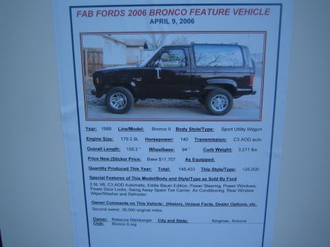 1968 Ford Mustang - Car-show feature-vehicle spec sheet for a 1988 Ford Bronco II listing engine, dimensions, and features.