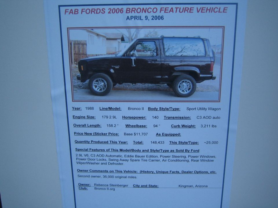 Fab Fords 2006 feature-vehicle spec sheet for a 1988 Bronco II with photo and specs