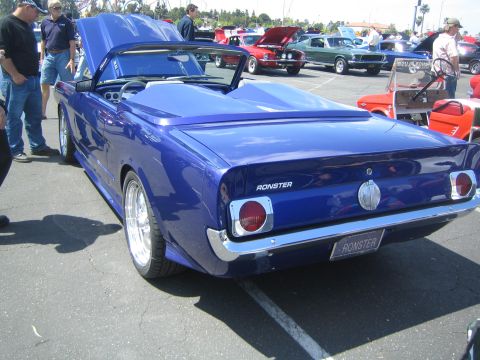 1968 Ford Mustang - Blue convertible with custom 'RONSTER' badging and license plate at a car show.