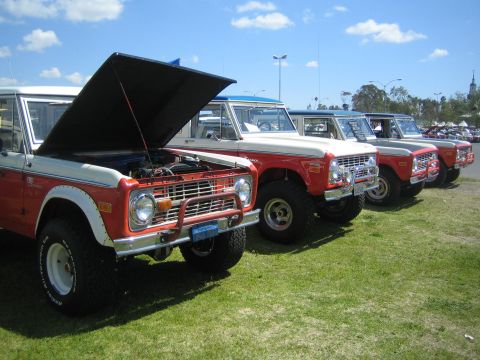 1968 Ford Mustang - Several vintage Ford Broncos are lined up on a grassy field under a partly cloudy sky.