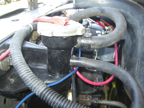 1968 Ford Mustang - Close-up view of a radiator cap and associated hoses within an engine bay.