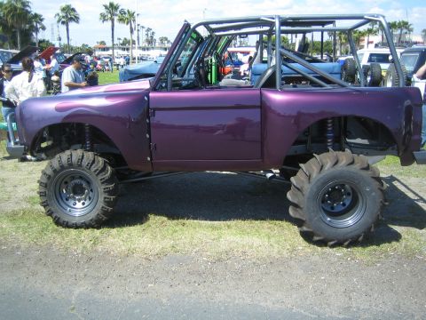 1968 Ford Mustang - A heavily modified purple vehicle with a roll cage and oversized tires sits on a grassy area.