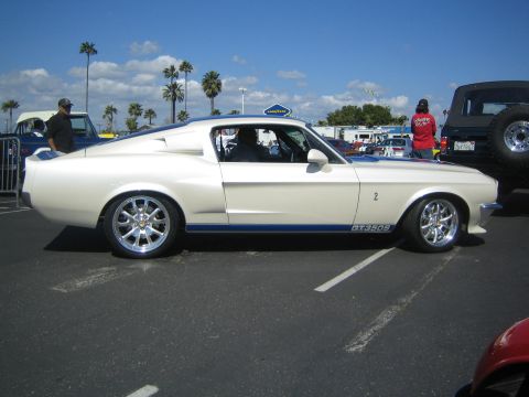 1968 Ford Mustang - A white 1967 Shelby GT350 with blue racing stripes is parked at an outdoor event.