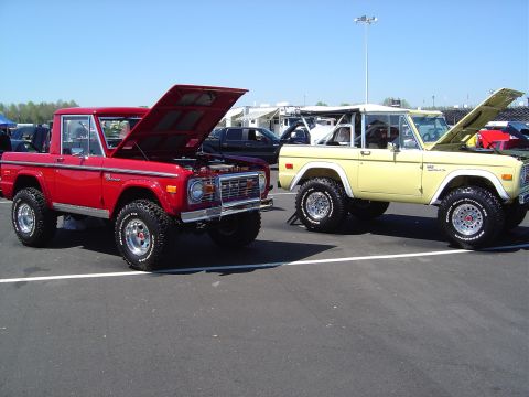 1986 Ford Bronco - Two classic Ford Broncos are displayed with their hoods open at an outdoor event.