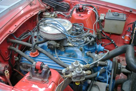1981 Ford Mustang - The engine bay of a vehicle, showing the engine components and associated wiring and hoses.