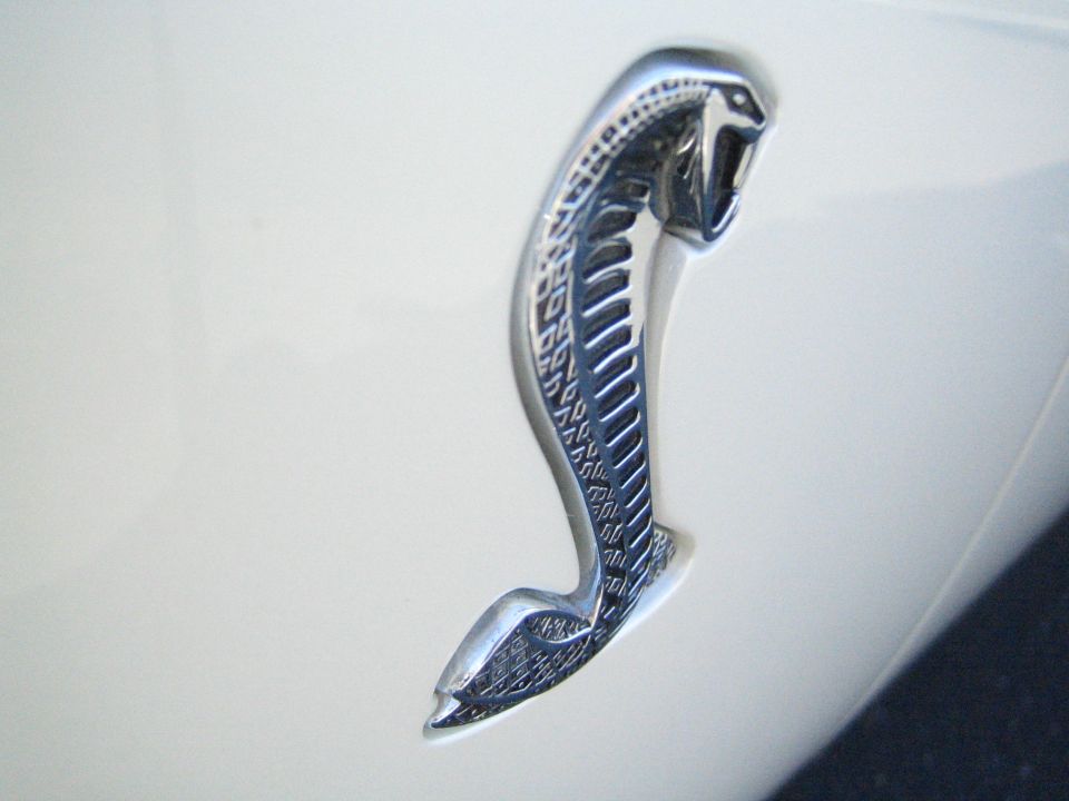 Chrome Cobra emblem on white 1968 Ford Mustang